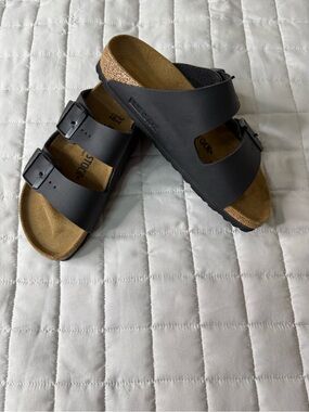 New Birkenstock Black Two-Strap Cork Slide Sandals